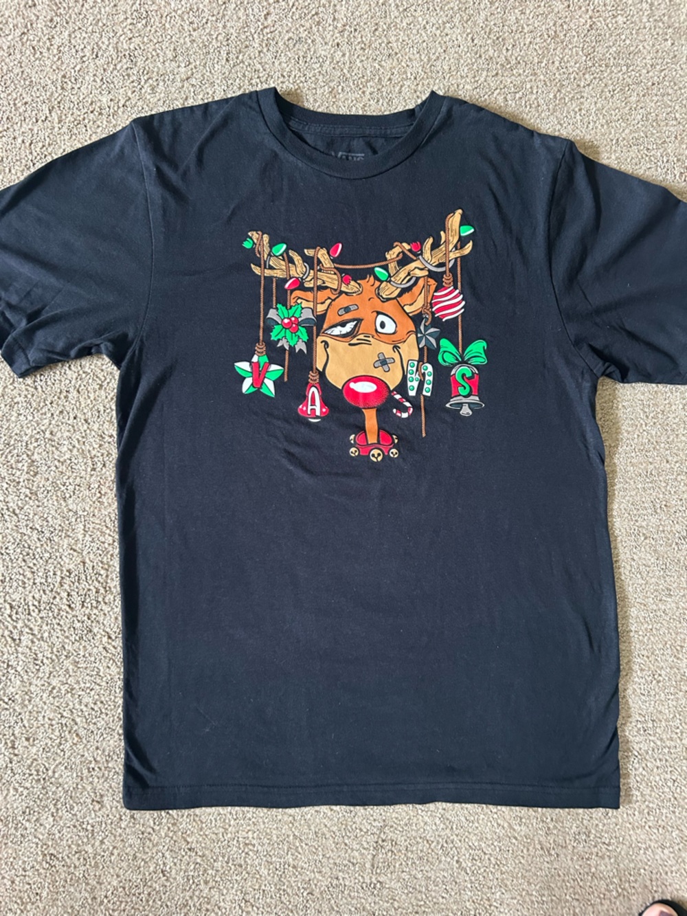 Vans Christmas Black Tee with Red, Green and Tan Graphic